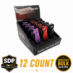 12-piece assisted opening stainless steel pocket knife display with red, black, and purple folding knives and countertop display box.