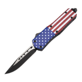 7 inch Automatic OTF American Flag Knife with 440C stainless steel drop point blade, glass breaker, pocket clip and nylon holster.