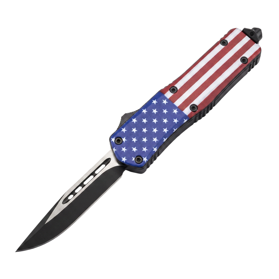 7 inch Automatic OTF American Flag Knife with 440C stainless steel drop point blade, glass breaker, pocket clip and nylon holster.