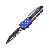 American flag OTF knife displayed with its drop‑point blade open and the integrated belt clip highlighted on the handle.