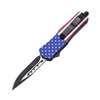 American flag OTF knife displayed with its drop‑point blade open and the integrated belt clip highlighted on the handle.