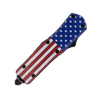 7‑inch automatic OTF knife with American flag handle shown in the closed position with the blade fully retracted.