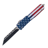8.75 inch Automatic OTF American Flag Knife with 440C stainless steel two-tone Tanto blade, American flag handle, glass breaker and nylon holster.
