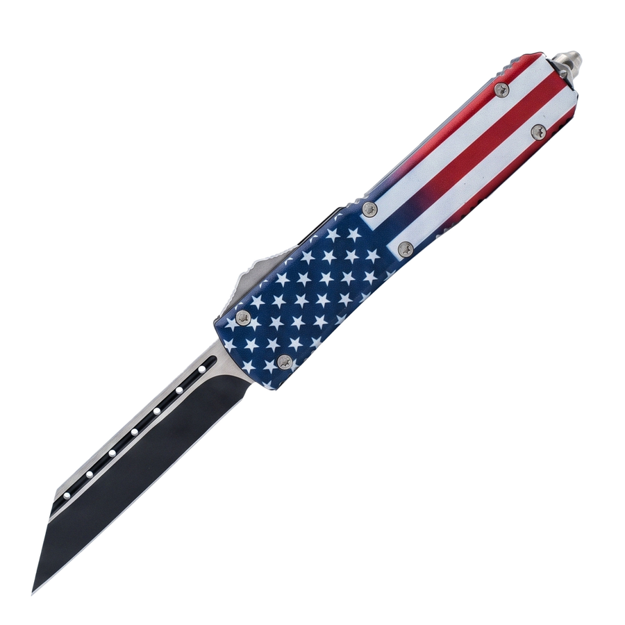 8.75 inch Automatic OTF American Flag Knife with 440C stainless steel two-tone Tanto blade, American flag handle, glass breaker and nylon holster.