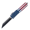 8.75 inch Automatic OTF American Flag Knife with 440C stainless steel two-tone Tanto blade, American flag handle, glass breaker and nylon holster.