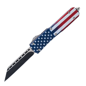 8.75 inch Automatic OTF American Flag Knife with 440C stainless steel two-tone Tanto blade, American flag handle, glass breaker and nylon holster.