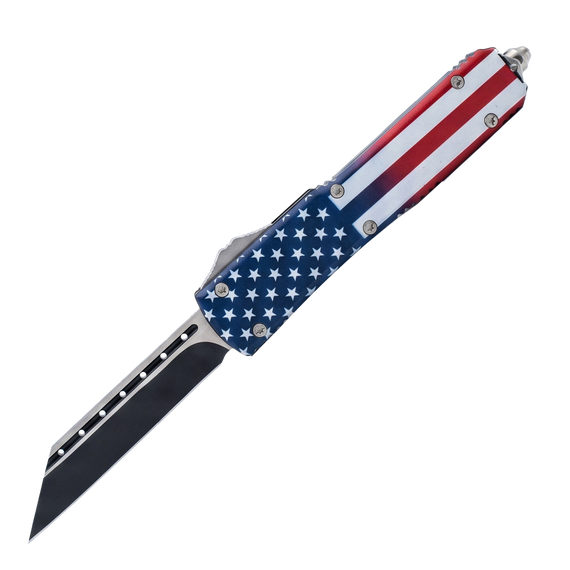 8.75 inch Automatic OTF American Flag Knife with 440C stainless steel two-tone Tanto blade, American flag handle, glass breaker and nylon holster.