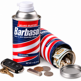 Barbasol Beard Buster diversion safe disguised as a shaving cream can with hidden storage compartment and removable aluminum bottom.