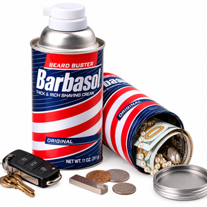 Barbasol Beard Buster diversion safe disguised as a shaving cream can with hidden storage compartment and removable aluminum bottom.