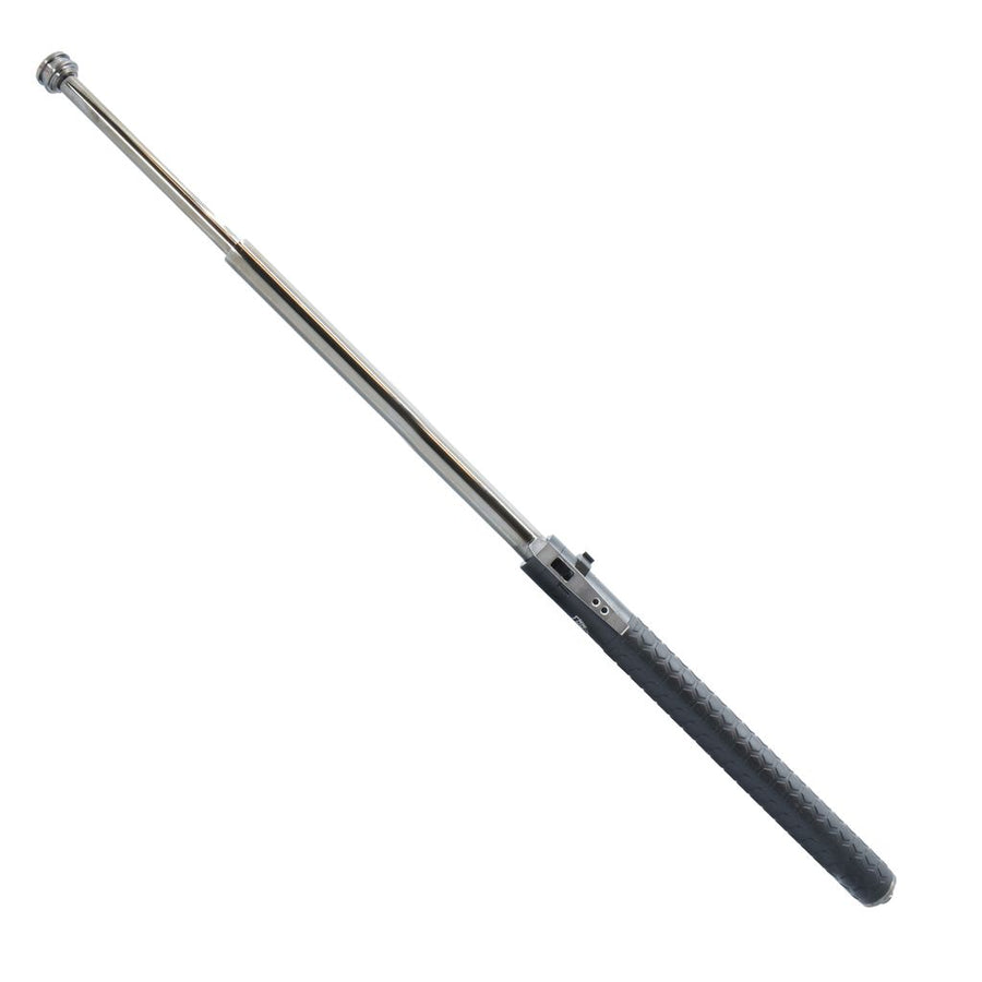 26 inch automatic expandable steel baton with one-button deployment, textured grip, window breaker, and nylon holster