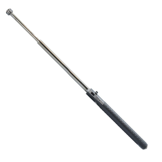 26 inch automatic expandable steel baton with one-button deployment, textured grip, window breaker, and nylon holster