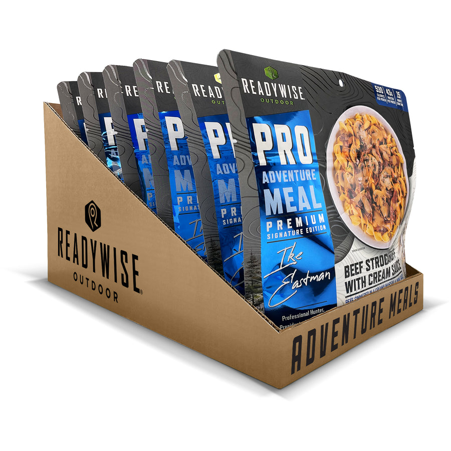 beef stroganoff signature edition freeze-dried adventure meal with beef, pasta, mushrooms, and cream sauce for camping and preparedness case of 6 pouches