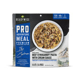freeze‑dried beef stroganoff adventure meal with pasta, mushrooms, and creamy sauce front of the pouch