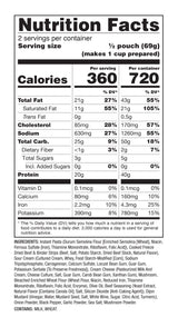 beef stroganoff pouch label close‑up showing ingredients, serving details and the nutrition facts including calories