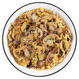 beef stroganoff signature freeze-dried adventure meal with beef, pasta, mushrooms, and cream sauce served ready to eat