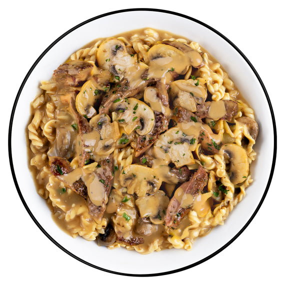 beef stroganoff signature edition freeze-dried adventure meal with beef, pasta, mushrooms, and cream sauce for camping and preparedness case of 6 pouches