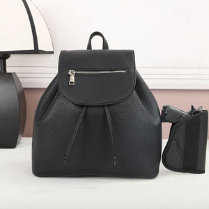 Black CCW backpack with rear concealed carry compartment and universal holster.
