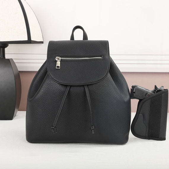 Black CCW backpack with rear concealed carry compartment and universal holster.