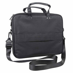 Rear side of a black concealed‑carry laptop briefcase featuring the armor panel compartment and padded structure.