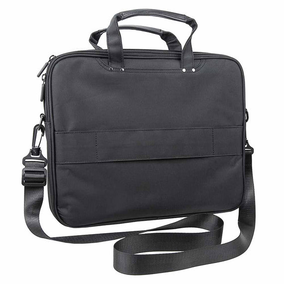 Black CCW laptop briefcase with concealed carry compartment, universal holster, padded laptop sleeve, armor panel pocket, adjustable shoulder strap, and luggage pass-through for business travel.