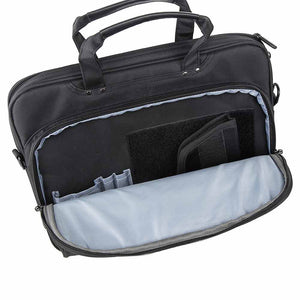 Black CCW laptop briefcase with concealed carry compartment, universal holster, padded laptop sleeve, armor panel pocket, adjustable shoulder strap, and luggage pass-through for business travel.