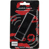 Retail packaging for a black lipstick‑style personal alarm, showing the device inside a clear blister pack with branding and safety details.