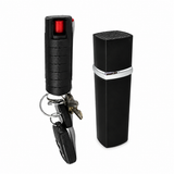 Black lipstick‑style personal alarm paired with matching pepper spray, shown together as a self‑defense bundle.