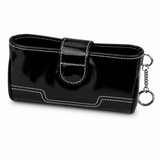 Back‑side view of a black purse‑style wallet holster with attached keychain, showing the smooth rear panel and stitching.