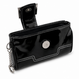 Black purse‑style wallet holster shown open with the attached keychain visible, displaying the interior compartments and soft lining.