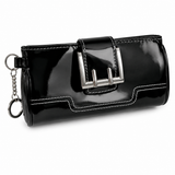 Front view of a black purse‑style wallet holster with attached keychain, showing the smooth exterior and compact design.