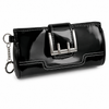 Front view of a black purse‑style wallet holster with attached keychain, showing the smooth exterior and compact design.