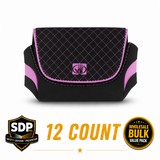 Body Glove pink and black rubberized purse holster 12 count wholesale bulk pack with magnetic closure for pepper spray, stun guns, personal alarms, and other compact personal safety products.