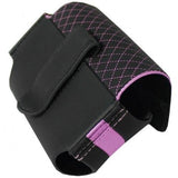 Close‑up of the Body Glove pink‑and‑black purse‑style wallet holster showing the metal clip attached to the back.