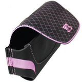 Body Glove pink‑and‑black purse‑style wallet holster shown open, displaying the interior compartments and textured outer material.