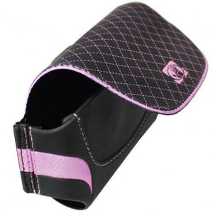 Body Glove pink‑and‑black purse‑style wallet holster shown open, displaying the interior compartments and textured outer material.