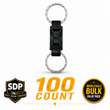 Bulk set of one hundred break‑away key rings displayed together, showing uniform quick‑release connectors and metal attachment loops.