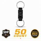 Bulk set of fifty break‑away key rings displayed together, showing the uniform quick‑release connectors and metal attachment loops.