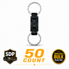 Bulk set of fifty break‑away key rings displayed together, showing the uniform quick‑release connectors and metal attachment loops.