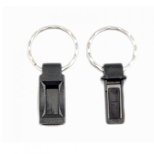 Break‑away key ring shown separated into two pieces, displaying the quick‑release connection points.