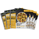 freeze‑dried breakfast skillet meal case containing six pouches with eggs, sausage, cheese, peppers, and potatoes