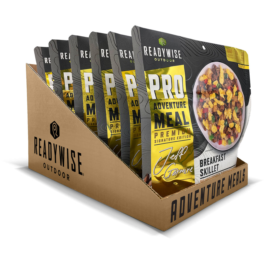 breakfast skillet signature edition pro adventure meal case of 6 freeze-dried meal pouches with eggs, sausage, cheese, peppers, and potatoes