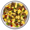 freeze‑dried breakfast skillet meal containing eggs, sausage, cheese, peppers, and potatoes shown ready to eat