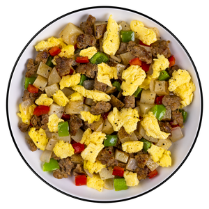 freeze‑dried breakfast skillet meal containing eggs, sausage, cheese, peppers, and potatoes shown ready to eat