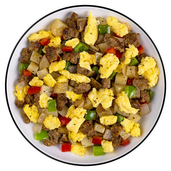 breakfast skillet signature edition pro adventure meal case of 6 freeze-dried meal pouches with eggs, sausage, cheese, peppers, and potatoes
