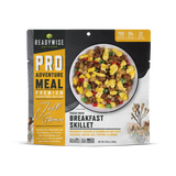 adventure meal breakfast skillet with freeze‑dried eggs, sausage, cheese, peppers, and potatoes shown as single packet ready to open and eat