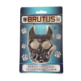 brutus black self‑defense keychain shown in its manufacturer packaging with product branding and feature highlights.