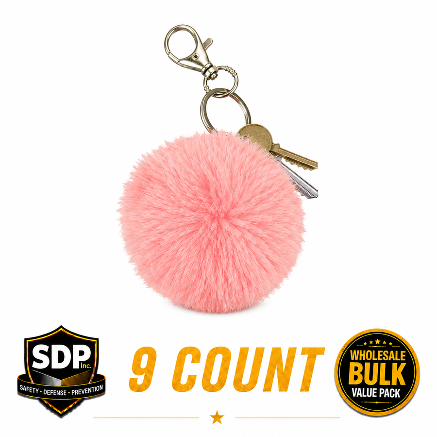 Pink Puff Furball Personal Alarm with keyring and purse clip 9 count wholesale display available exclusively from SDP Inc.