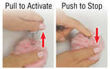  — Pink puff furball personal alarm shown with keyring attached, alongside illustrated instructions explaining how to activate the alarm; SDP Inc. exclusive.