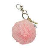 Soft pink furball personal alarm with attached keyring, shown as a compact safety accessory.