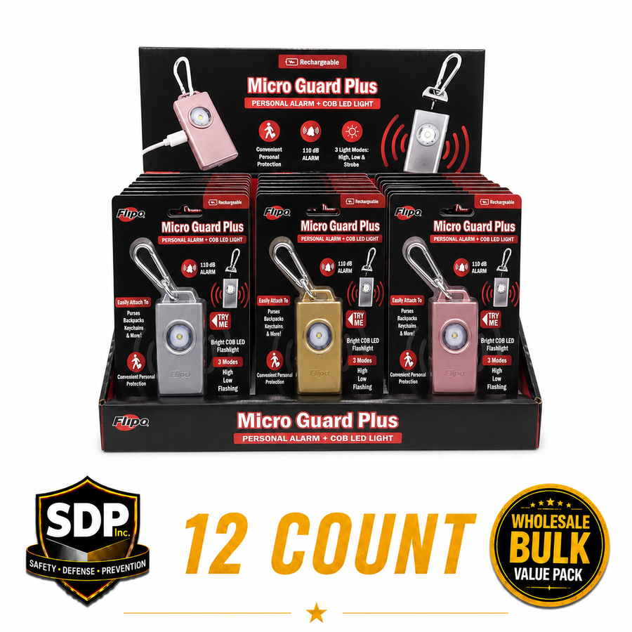 Micro Guard Plus rechargeable personal alarm with COB LED flashlight 12 count wholesale display assortment in silver gold and rose gold.